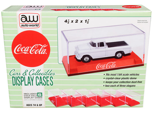 Autoworld 6 Collectible Acrylic Display Show Cases with Red Plastic Bases with 3 Different Slogans "Coca-Cola" for 1/64 Scale Model Cars by Auto World