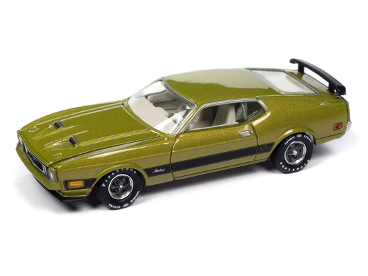 Autoworld 1973 Ford Mustang Mach 1 Bright Green Gold Metallic with Black Stripes "Vintage Muscle" Series 1/64 Diecast Model Car by Auto World
