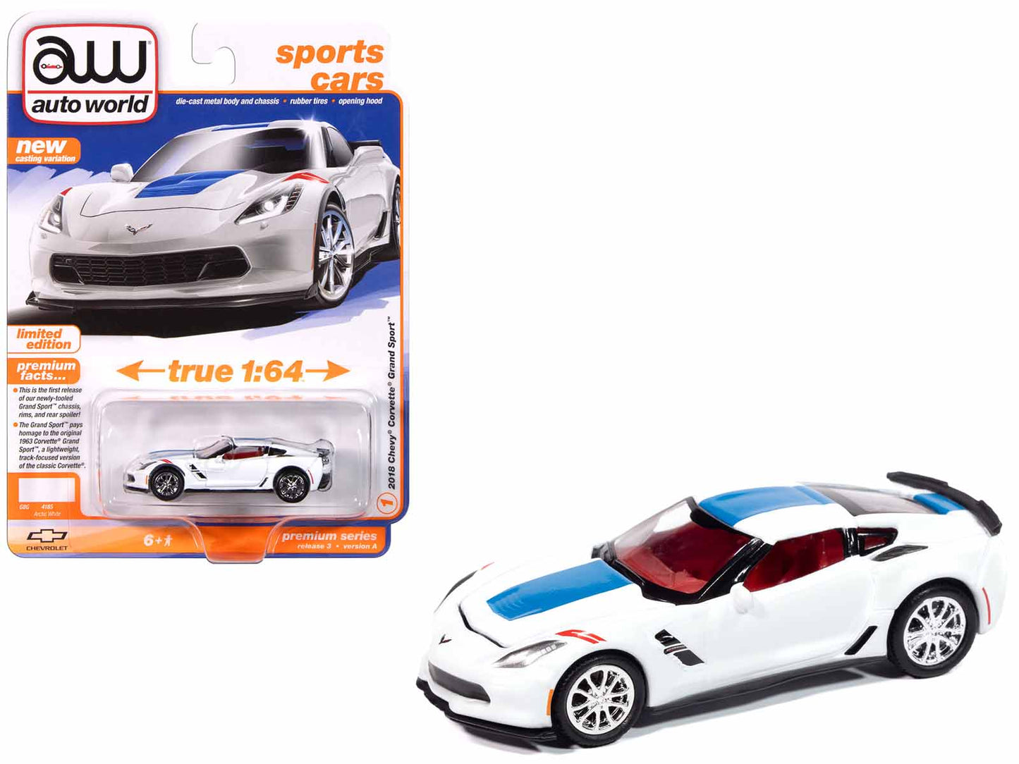 Autoworld 2018 Chevrolet Corvette Grand Sport Arctic White with Blue Stripe and Red Interior "Sports Cars" Series 1/64 Diecast Model Car by Auto World