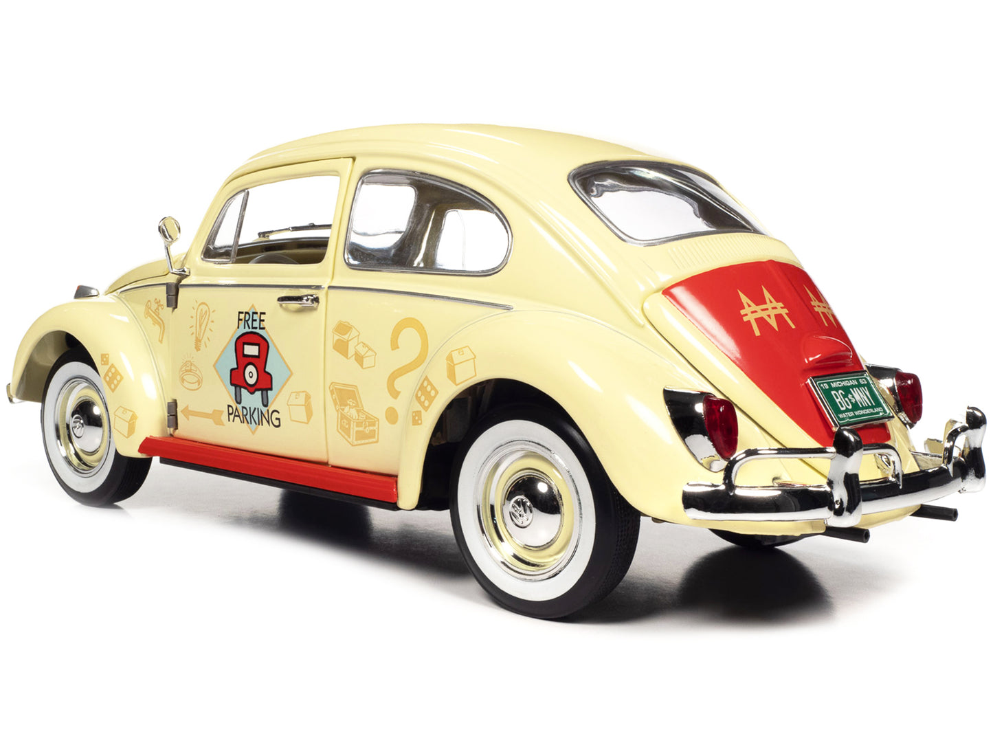 Autoworld 1963 Volkswagen Beetle Yukon Yellow with "Monopoly" Graphics "Free Parking" and Mr. Monopoly Resin Figure 1/18 Diecast Model Car by Auto World