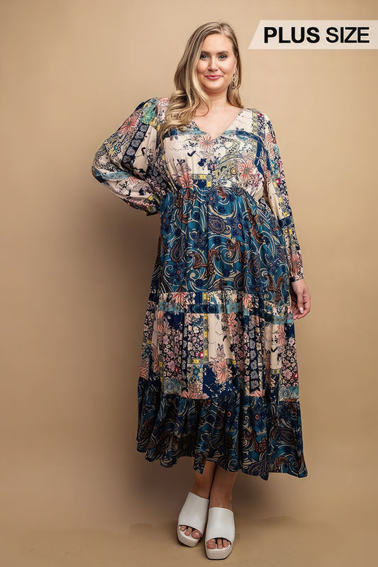 Mixed Print Midi Dress With Keyhole