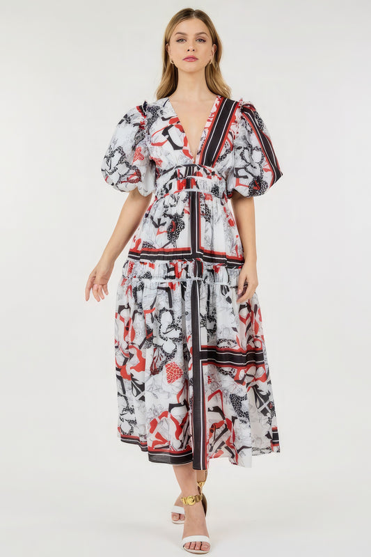 Deep V-neck Bubble Sleeve Maxi Dress