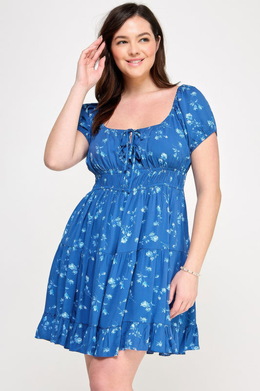 Floral Front-tie Elastic Waist Ruffle Dress