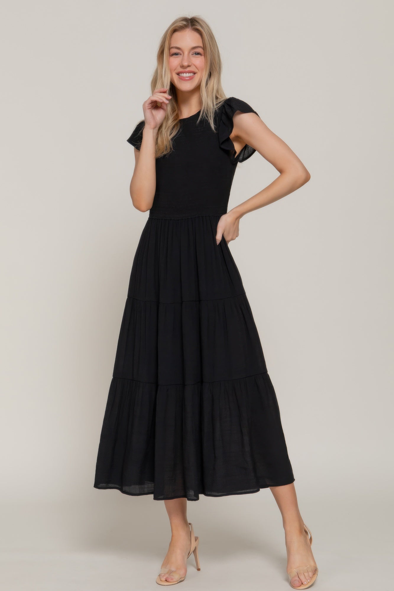 Ruffle Slv Smocked Solid Tired Dress