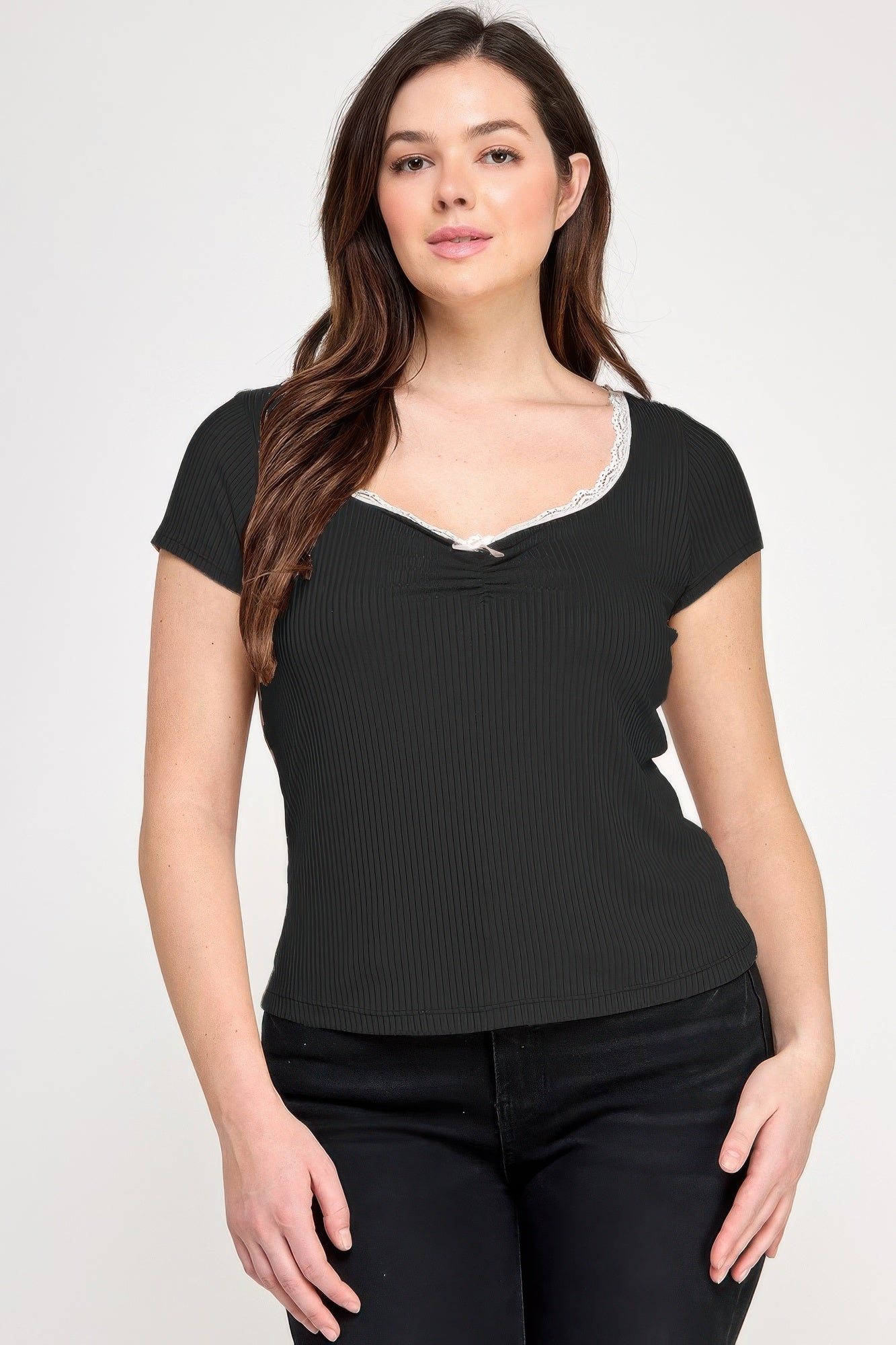 Plus Size Short Sleeve Rib Bow Trim Top