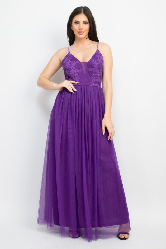 Glittered Straps Mesh Tulle Maxi Dress
