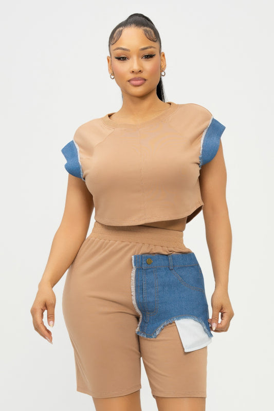 Color Block Denim Sleeve Top And Biker Shorts Set
