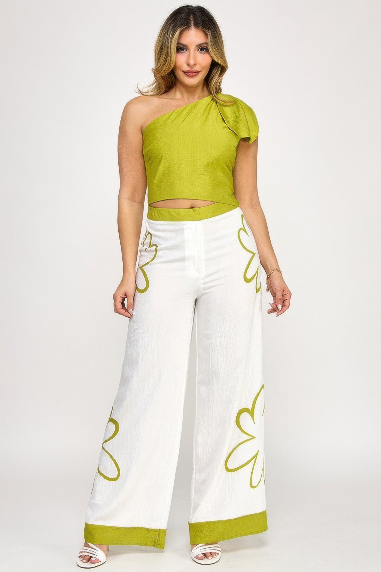Bow One Shoulder Top With Print Pants Set