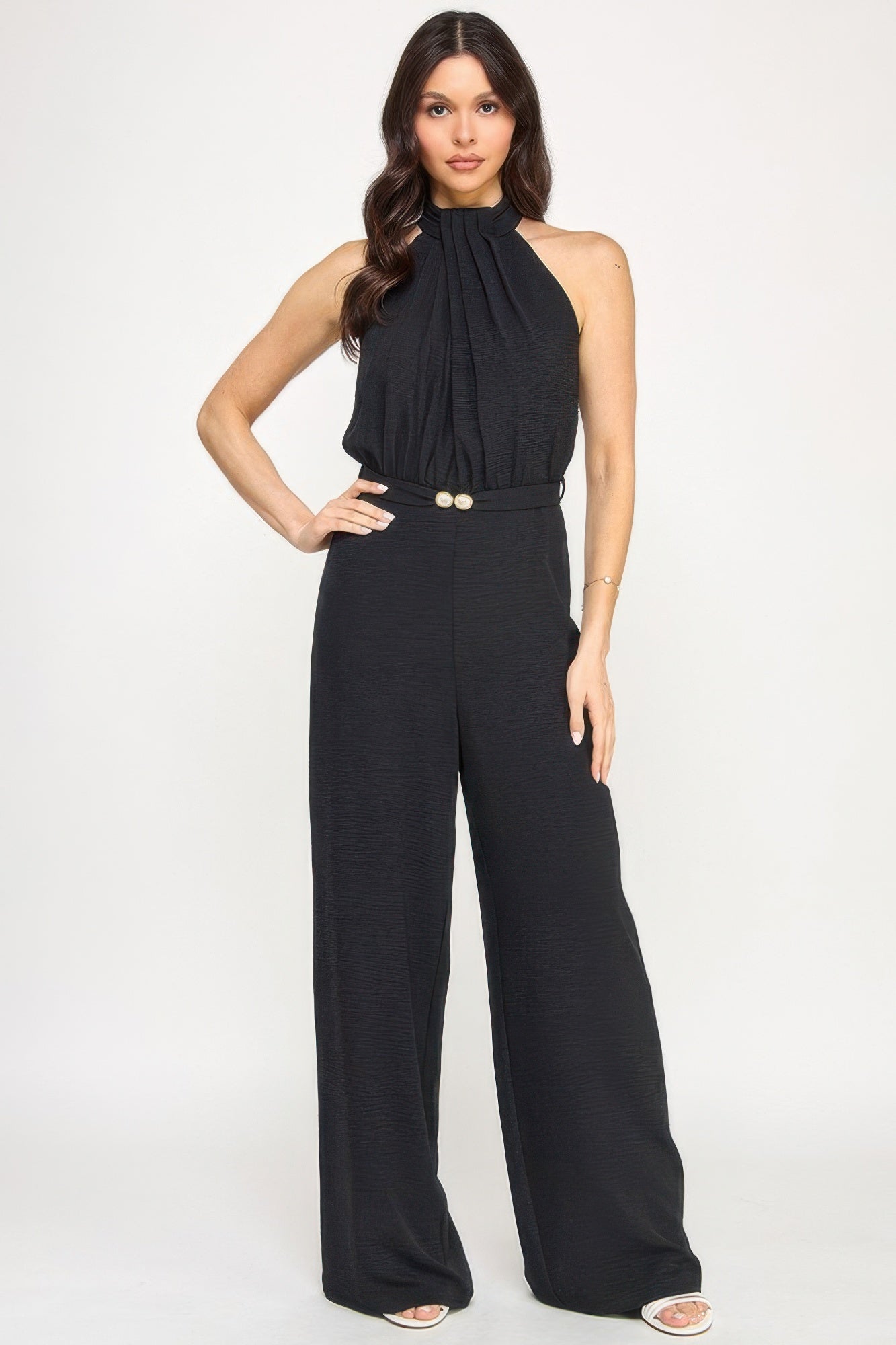 Halter Neck Pleated Top With Beaded Belt Jumpsuit