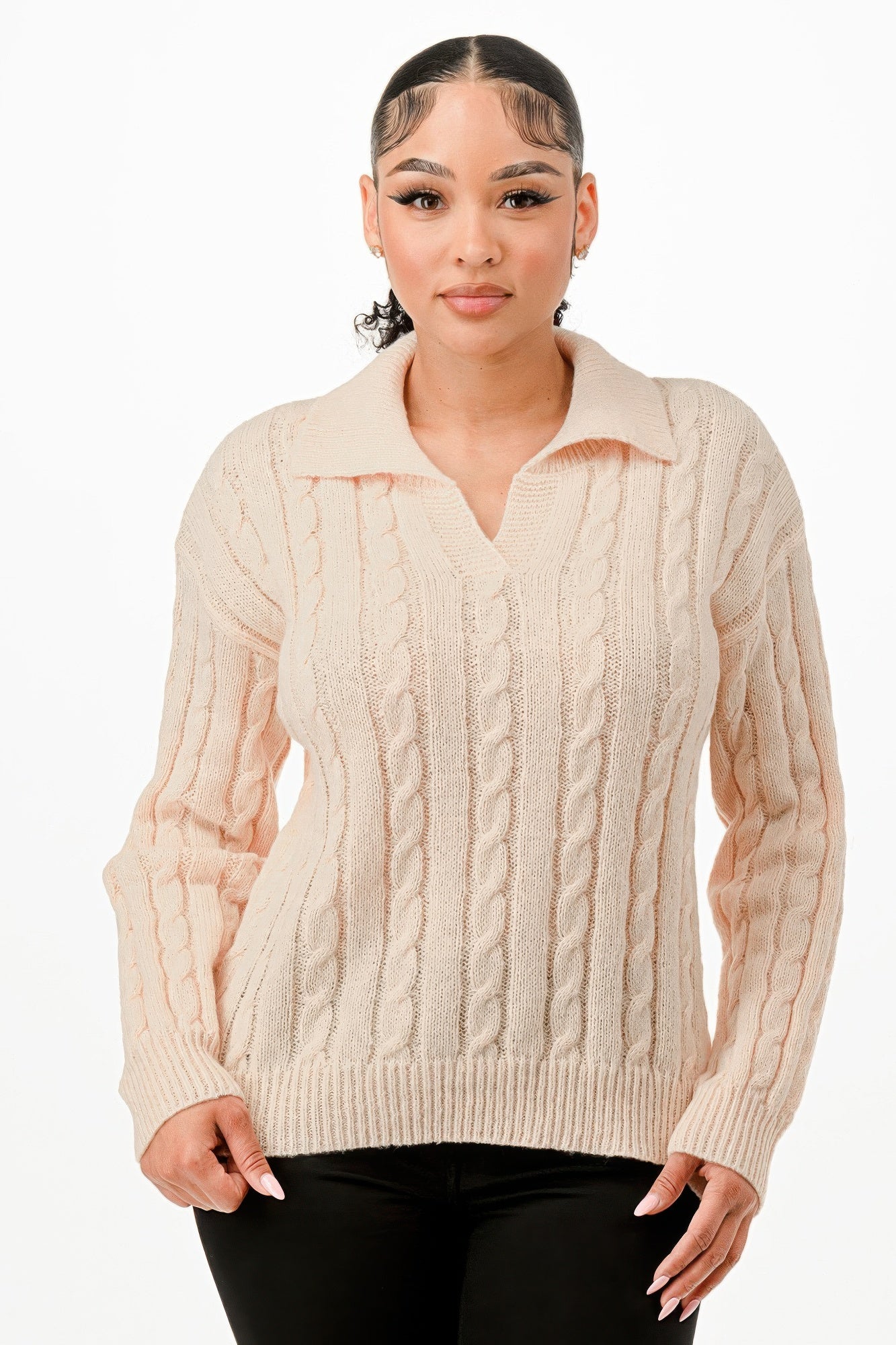 Open Collar Cable Knit Sweater