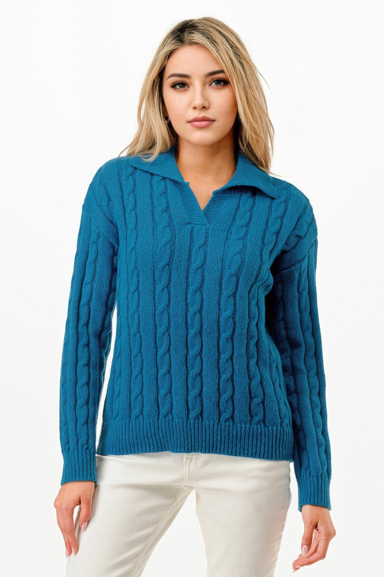 Open Collar Cable Knit Sweater