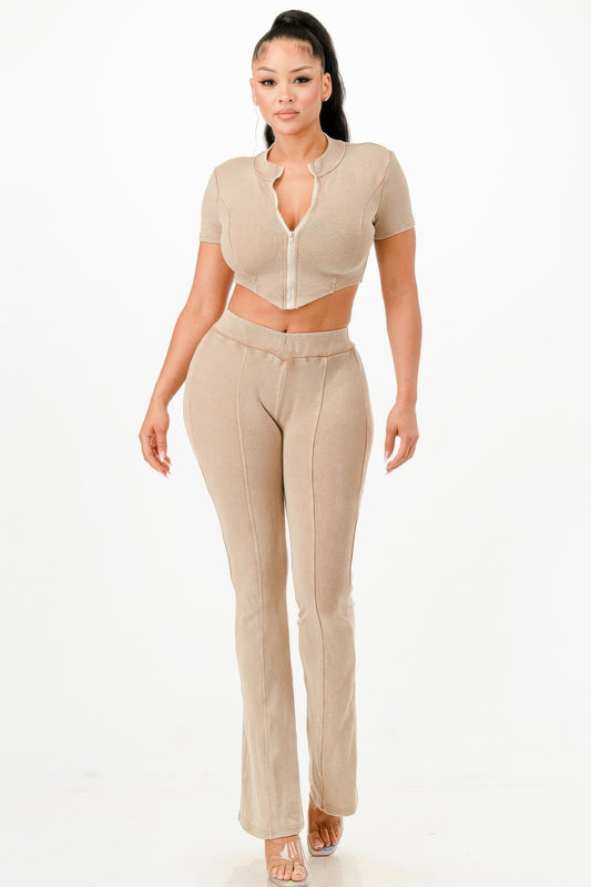 Zip Up Cropped Topa And Flare Pants Set