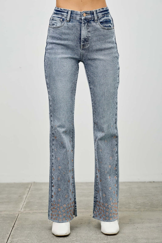 High Rise Kick Flare With Rhinestone