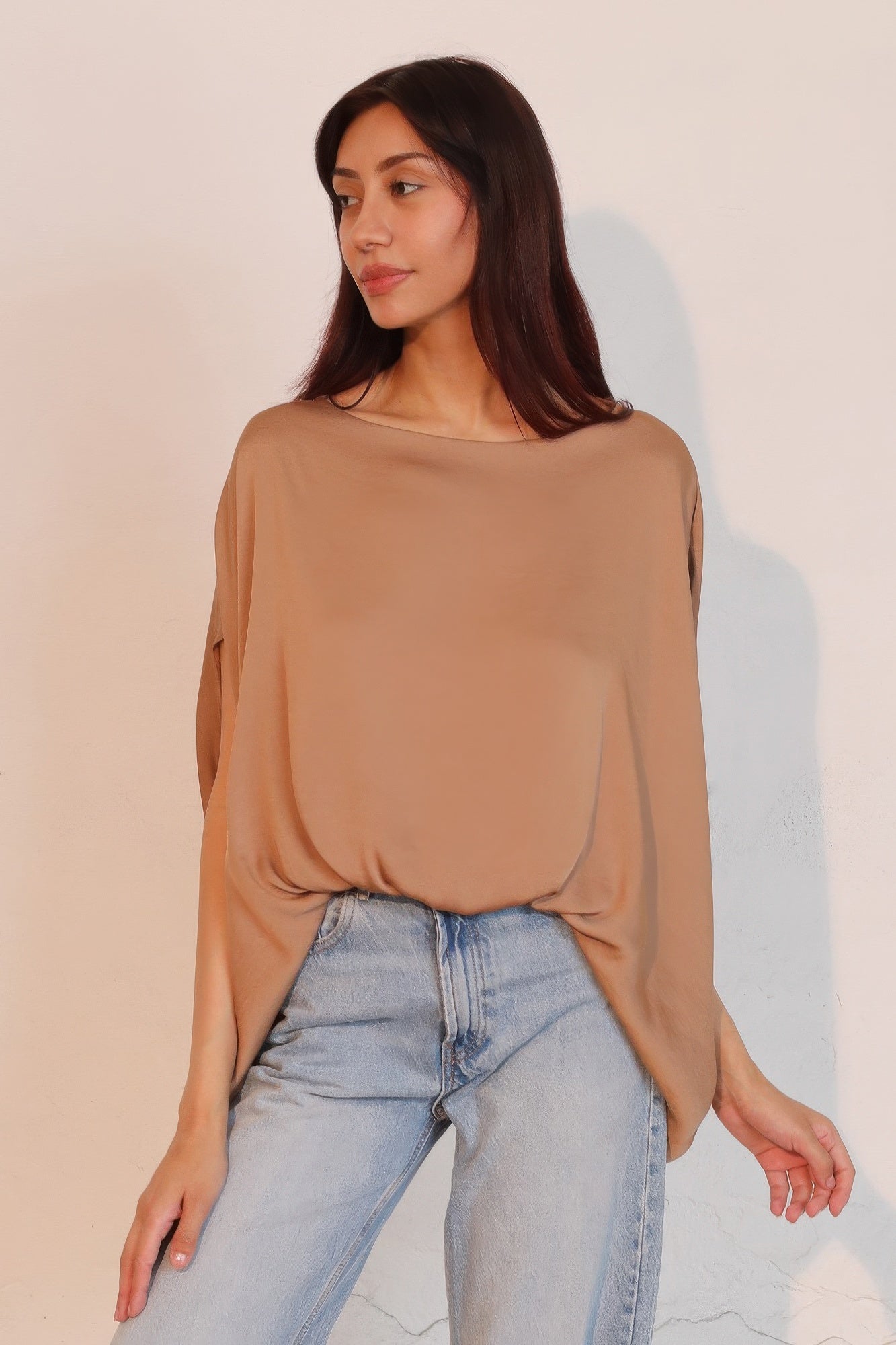 Washed Poly Silk Boat Neck Caftan Top