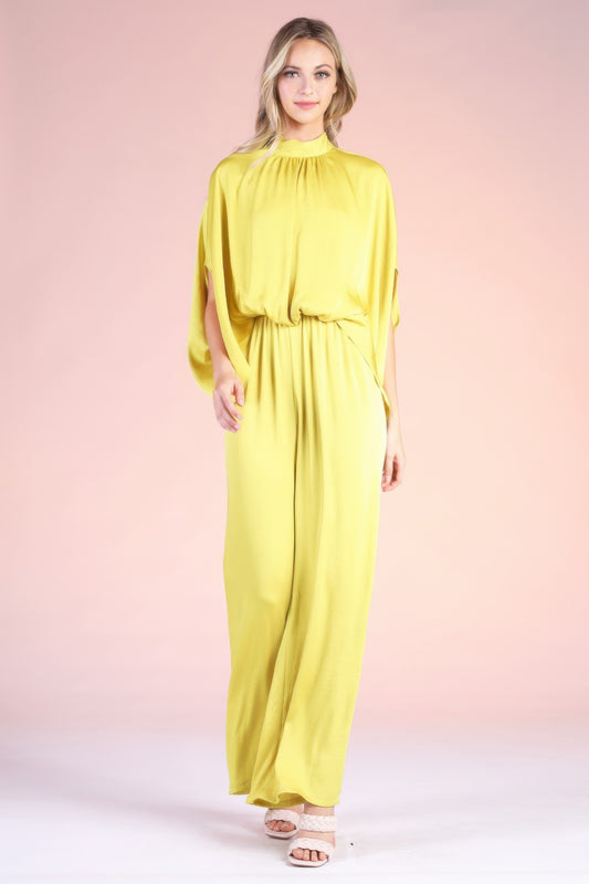 Washed Poly Silk Mock Neck Caftan Jumpsuit