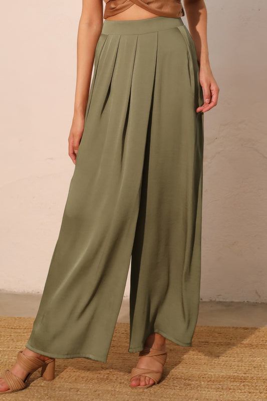 Washed Poly Silk Asymmetrical Pleated Pants