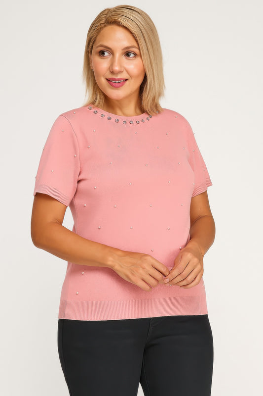 Plus Size Pearl & Rhinestone Knit Sweater Top