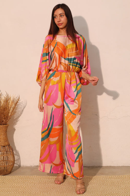 Isla Tropical Satin Boat Neck Blouson Jumpsuit