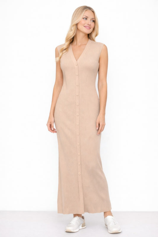 Ribbed Long Dress With Decorative Buttons