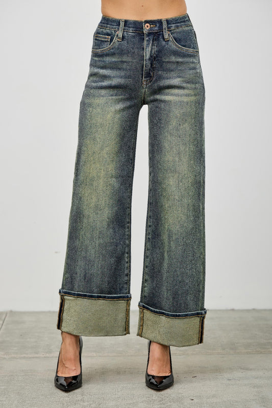 High Rise Dirty Wash Cuffed Jeans With Stretch