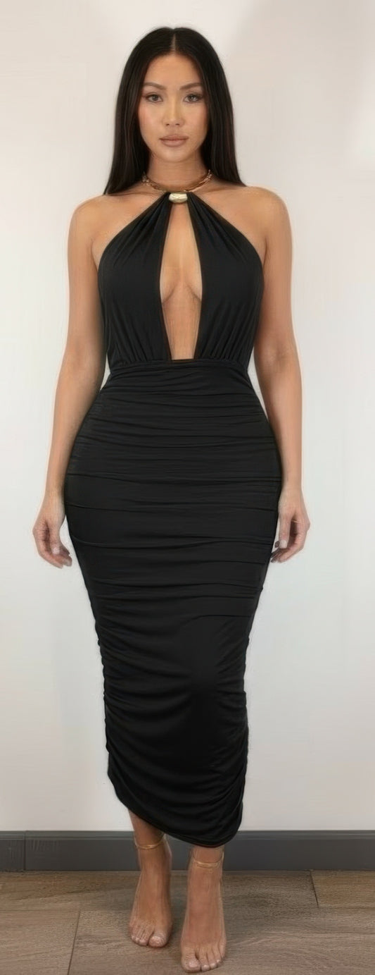 Strapless Necklace Detail Open Back Midi Dress