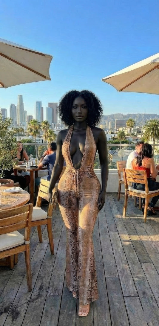 Snake Print Tie Open Back Jumpsuit