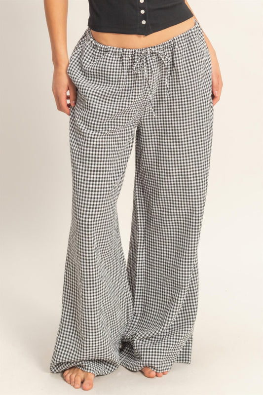 Gingham Drawstring Wide-leg Pants