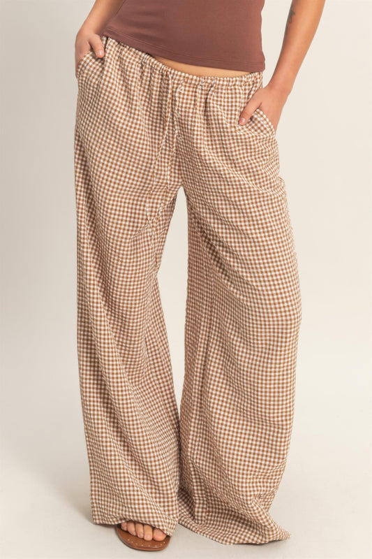 Gingham Drawstring Wide-leg Pants