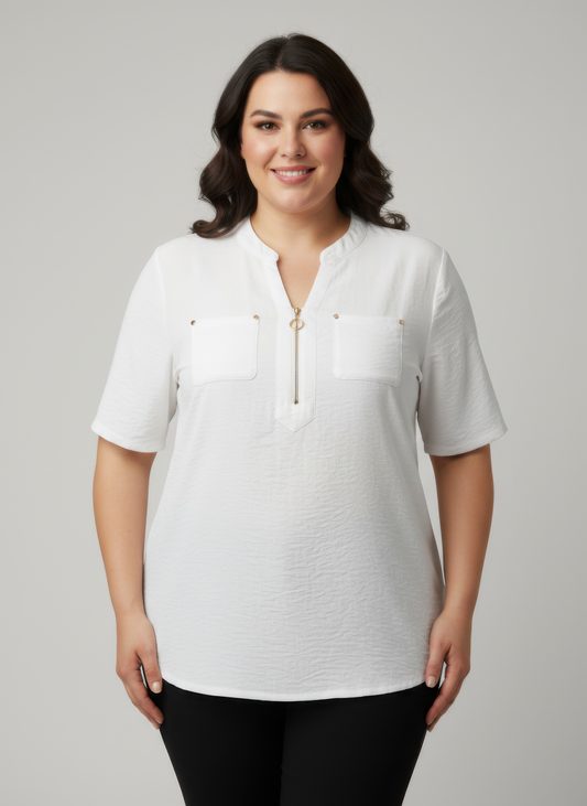 Zip-front Utility Pocket Knit Top