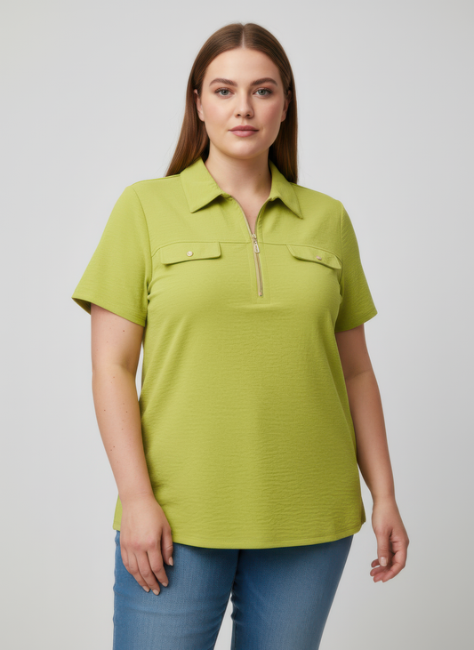 Zip-front Collared Utility Knit Top