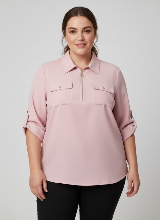Zip Front Utility Pocket Tunic Blouse