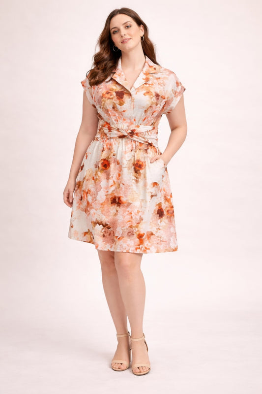 Plus Size Floral Waist Tie Shirt Dress