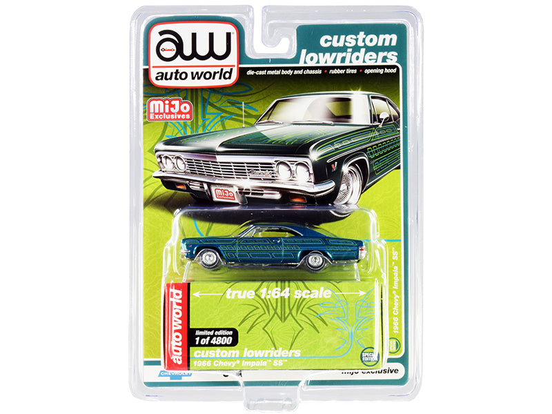 Autoworld 1966 Chevrolet Impala SS Blue Metallic with Graphics "Custom Lowriders" Limited Edition to 4800 pieces Worldwide 1/64 Diecast Model Car by Auto World