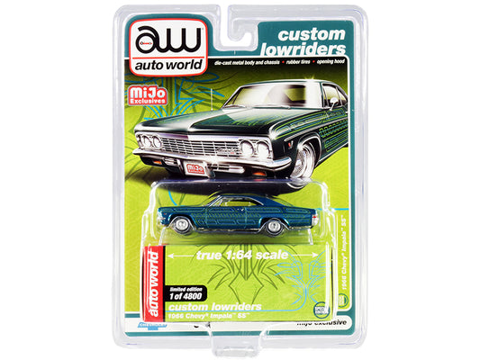 Autoworld 1966 Chevrolet Impala SS Blue Metallic with Graphics "Custom Lowriders" Limited Edition to 4800 pieces Worldwide 1/64 Diecast Model Car by Auto World