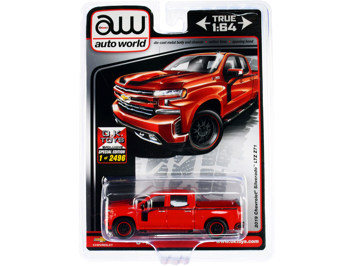 Autoworld 2019 Chevrolet Silverado LTZ Z71 Pickup Truck Red with Black Stripes Limited Edition to 2496 pieces Worldwide 1/64 Diecast Model Car by Auto World