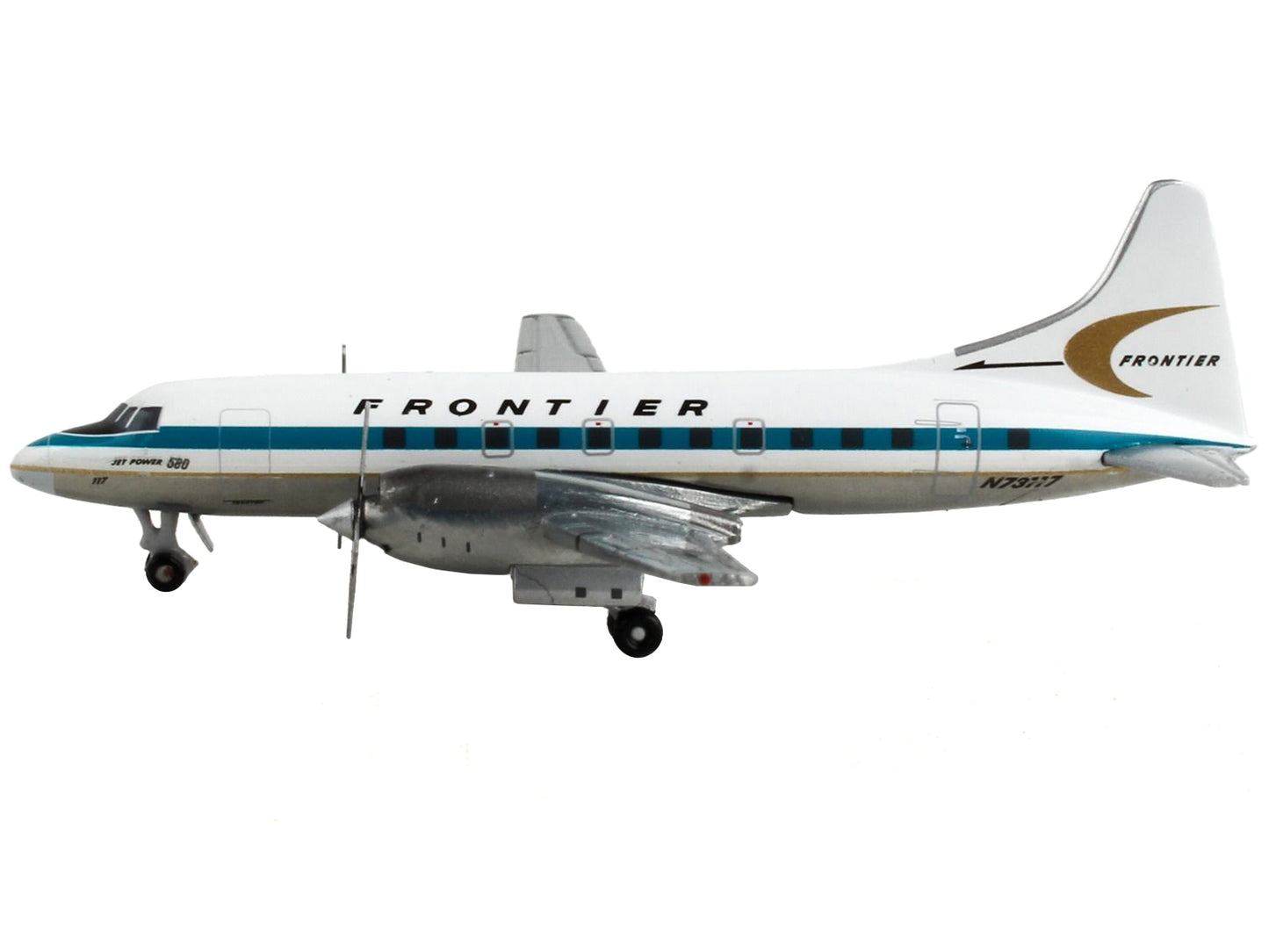 GeminiJets Convair CV-580 Commercial Aircraft "Frontier Airlines" White with Teal Stripes 1/400 Diecast Model Airplane by GeminiJets