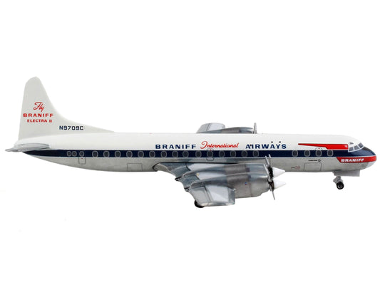 GeminiJets Lockheed L-188 Electra Commercial Aircraft "Braniff International Airways" White with Blue Stripes 1/400 Diecast Model Airplane by GeminiJets