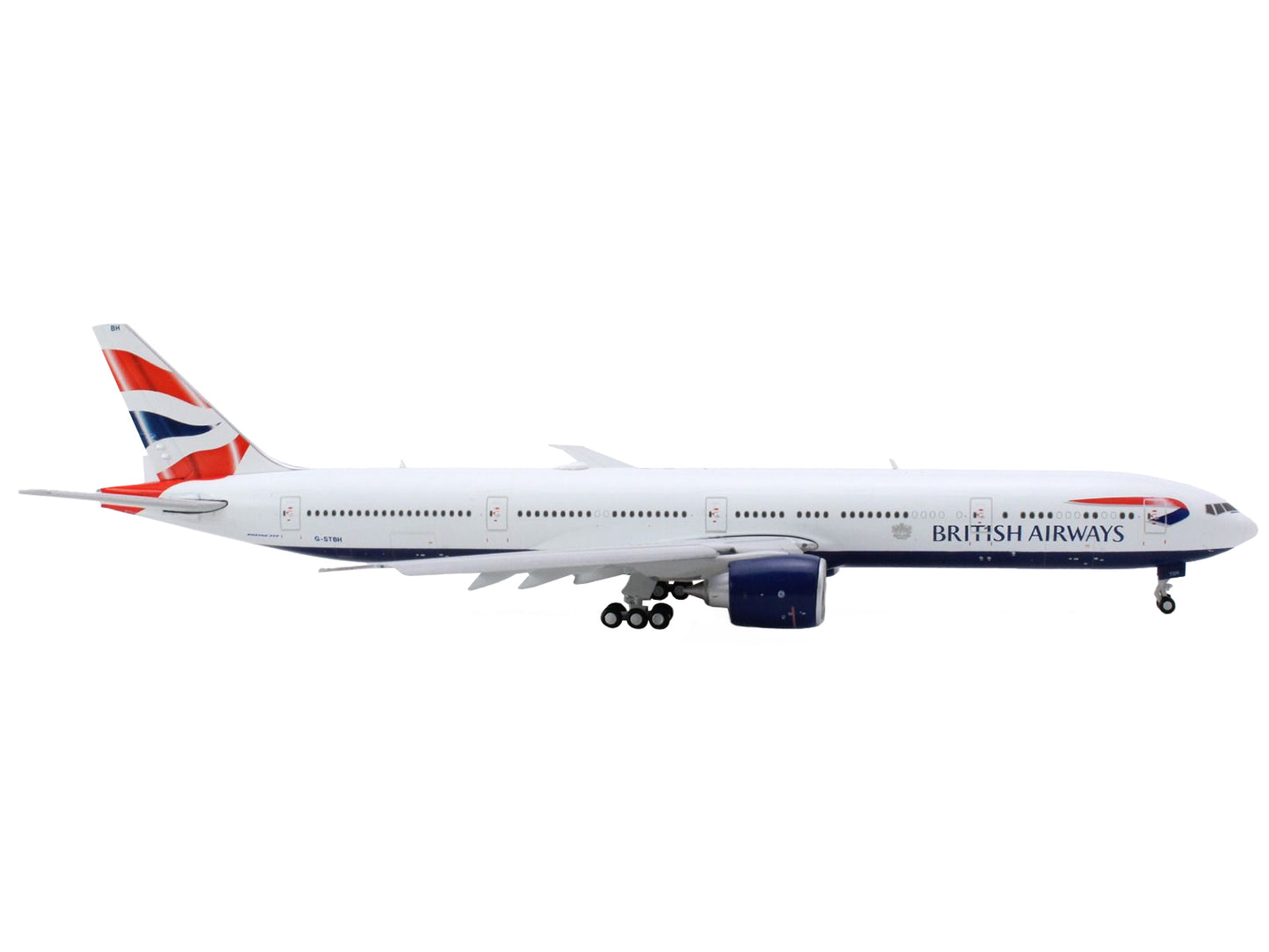 GeminiJets Boeing 777-300ER Commercial Aircraft with Flaps Down "British Airways" (G-STBH) White with Striped Tail 1/400 Diecast Model Airplane by GeminiJets