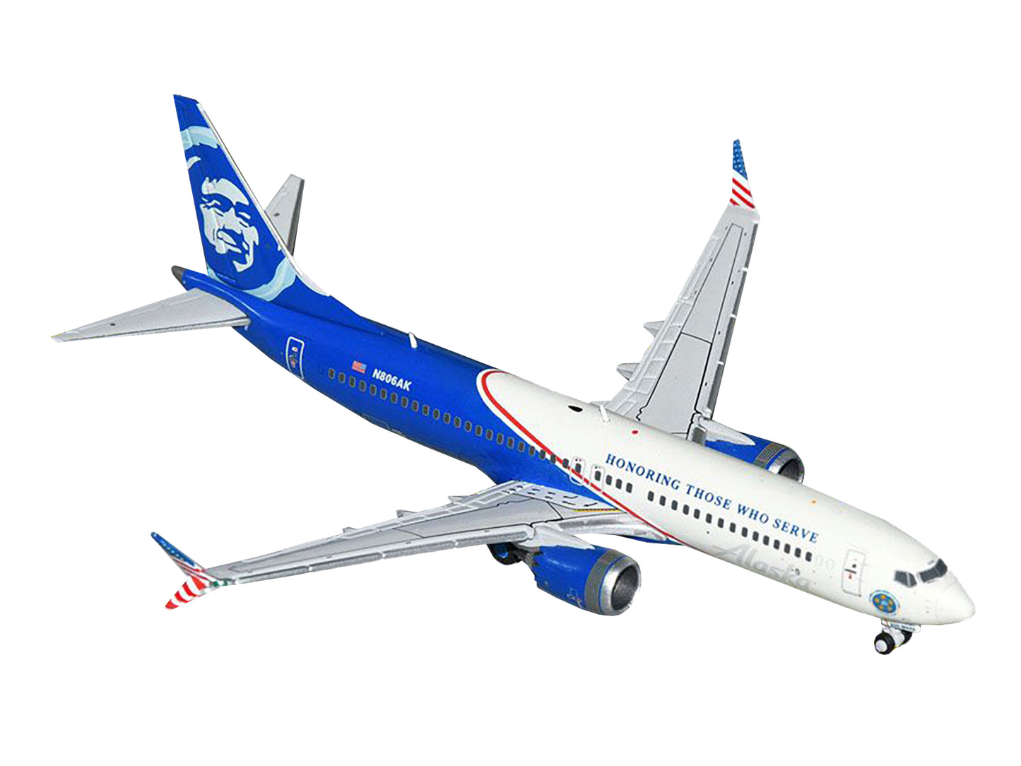 GeminiJets Boeing 737 MAX 8 Commercial Aircraft "Alaska Airlines - Honoring Those Who Serve" (N806AK) White and Blue 1/400 Diecast Model Airplane by GeminiJets