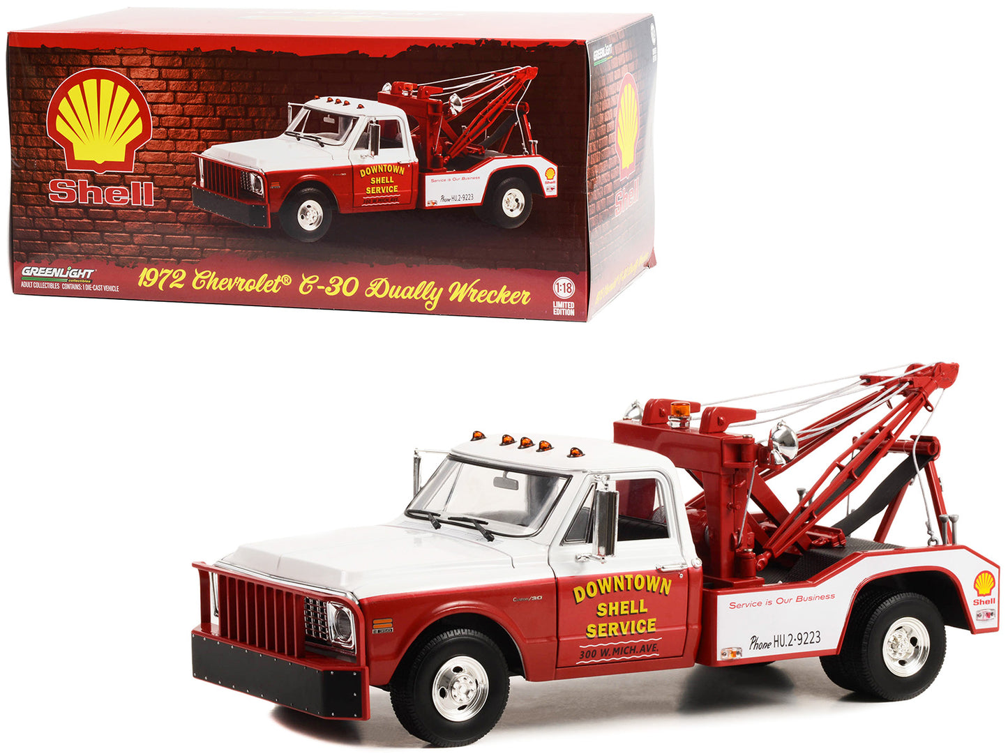 Greenlight 1972 Chevrolet C-30 Dually Wrecker Tow Truck "Downtown Shell Service - Service is Our Business" White and Red 1/18 Diecast Model Car by Greenlight