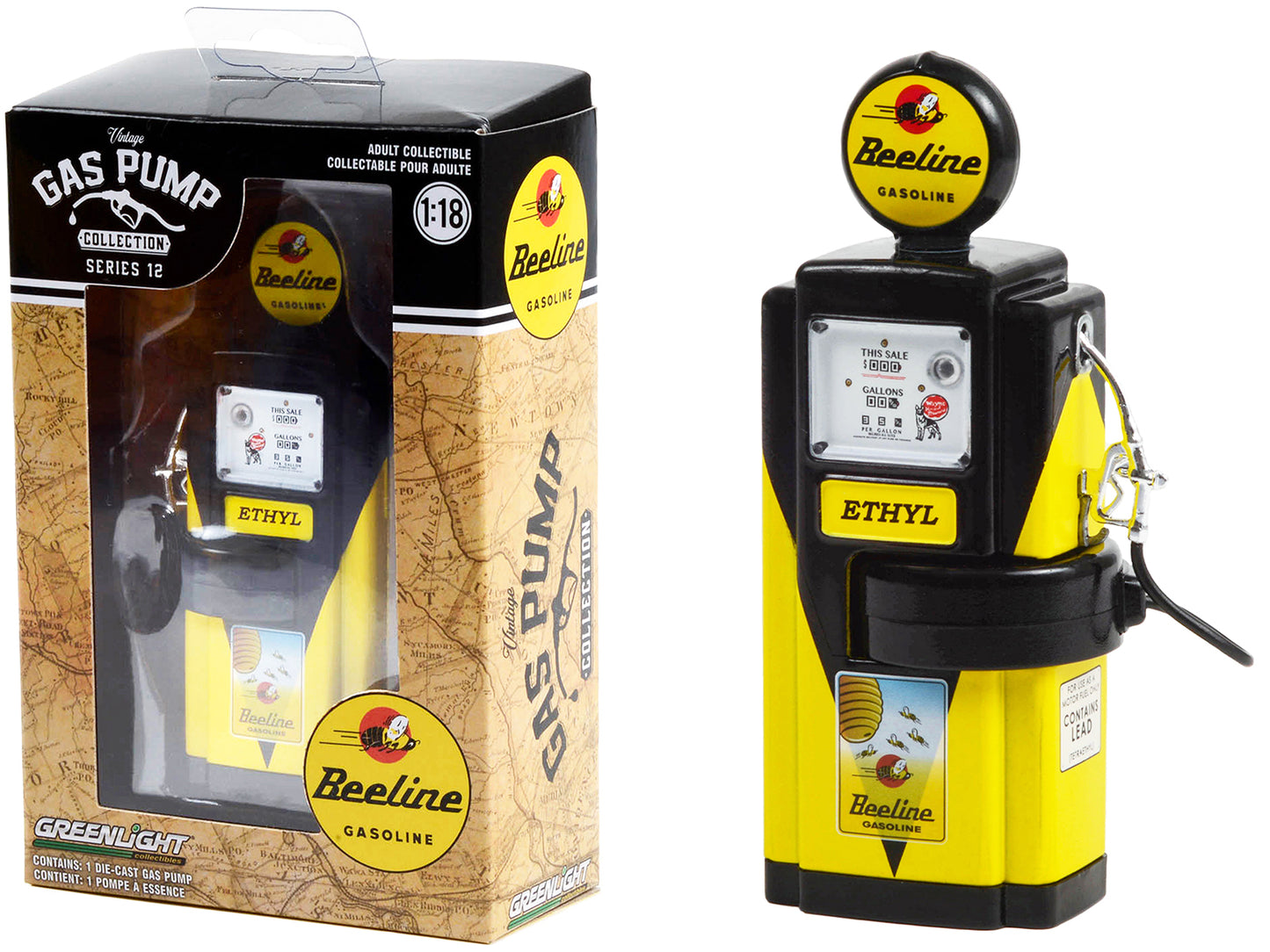 Greenlight 1948 Wayne 100-A Gas Pump "Beeline Gasoline" Yellow and Black "Vintage Gas Pumps" Series 12 1/18 Diecast Model by Greenlight