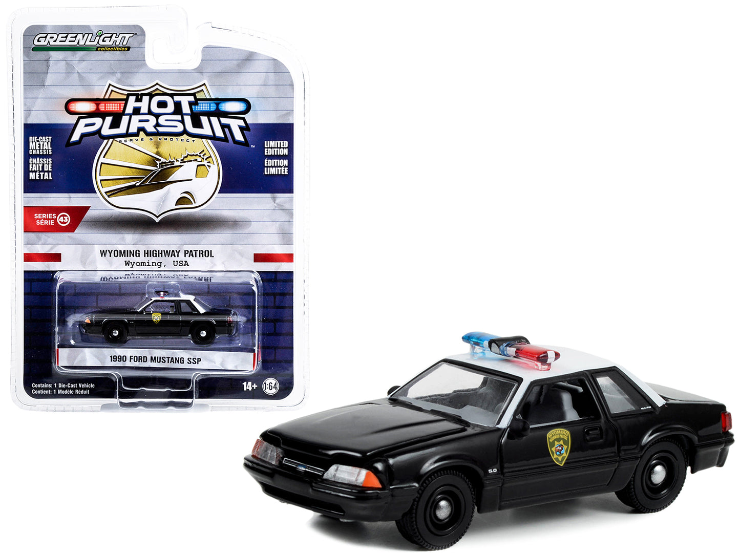 Greenlight 1990 Ford Mustang SSP Black and White "Wyoming Highway Patrol" "Hot Pursuit" Series 43 1/64 Diecast Model Car by Greenlight