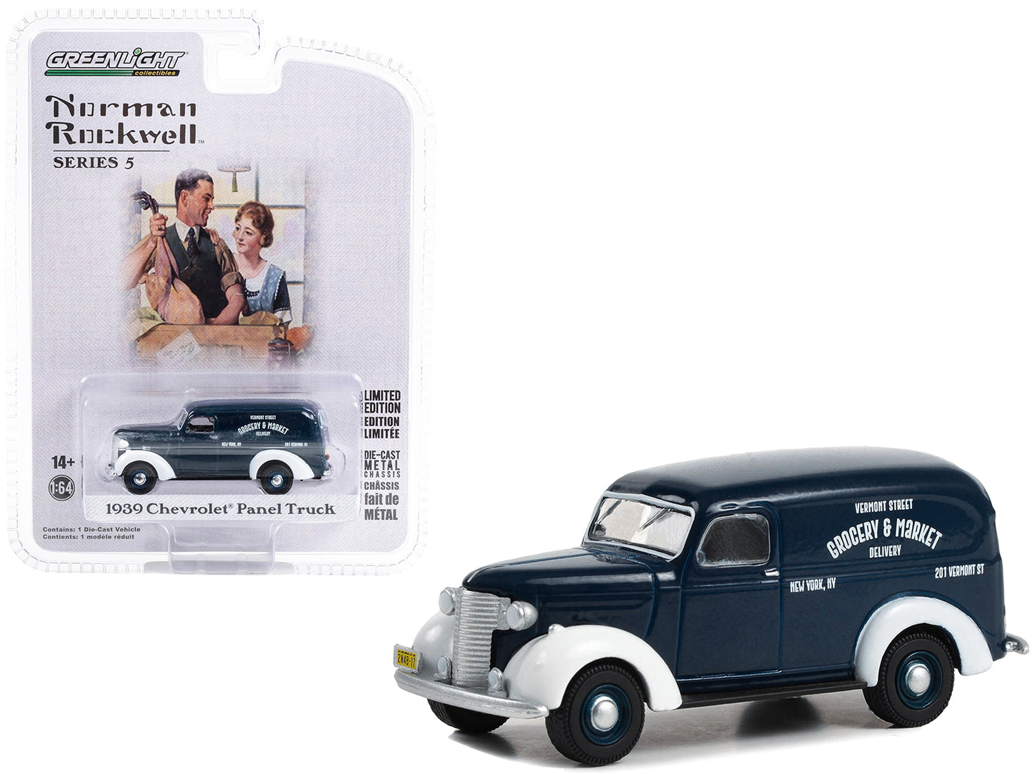 Greenlight 1939 Chevrolet Panel Truck Dark Blue with White Fenders "Grocery & Market Delivery" "Norman Rockwell" Series 5 1/64 Diecast Model Car by Greenlight