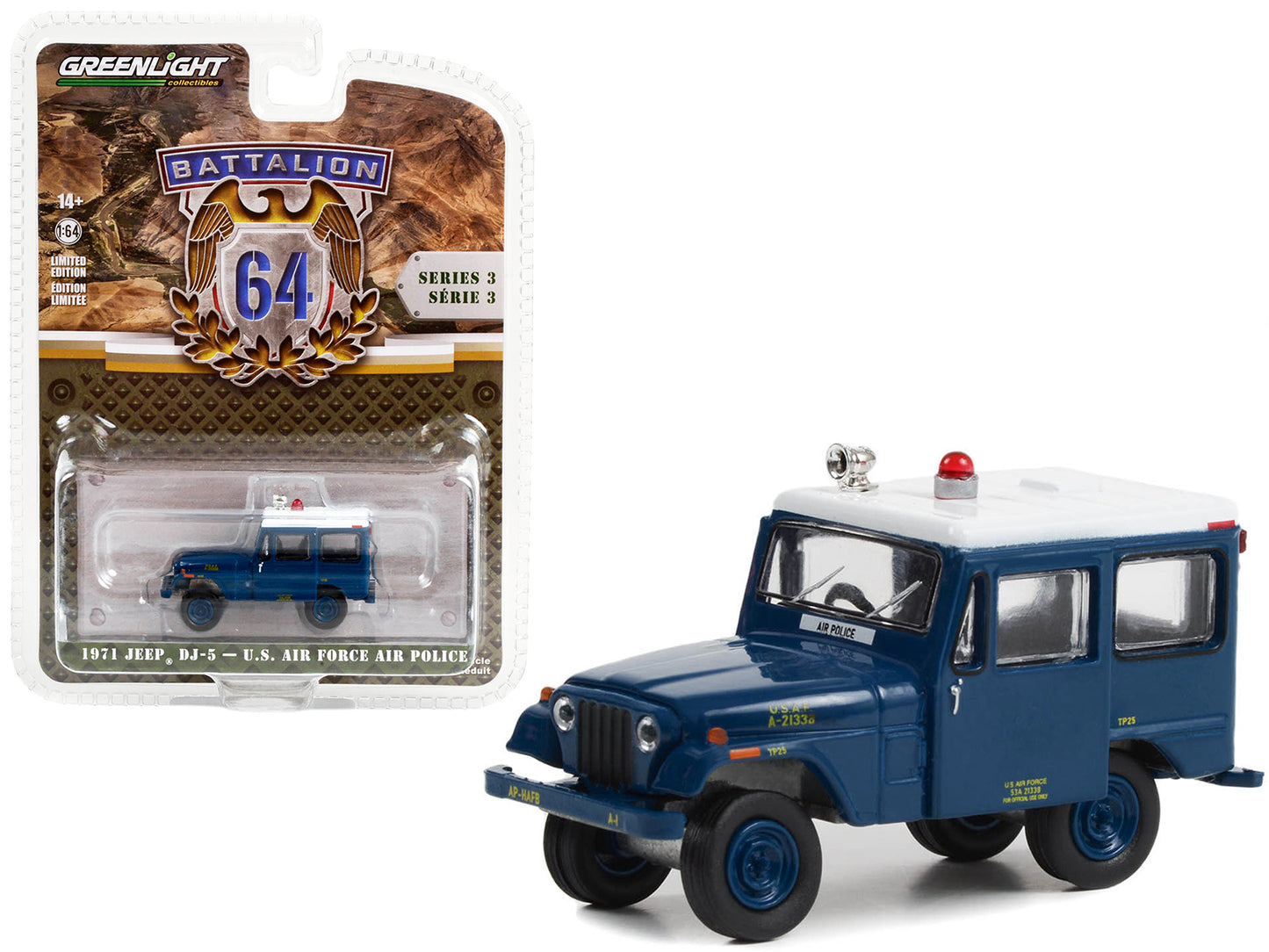 Greenlight 1971 Jeep DJ-5 "U.S. Air Force Air Police" Blue with White Top "Battalion 64" Series 3 1/64 Diecast Model Car by Greenlight