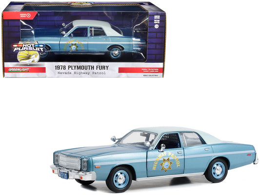 Greenlight 1978 Plymouth Fury Slicktop Blue Metallic with White Top "Nevada Highway Patrol" "Hot Pursuit" Series 1/24 Diecast Model Car by Greenlight