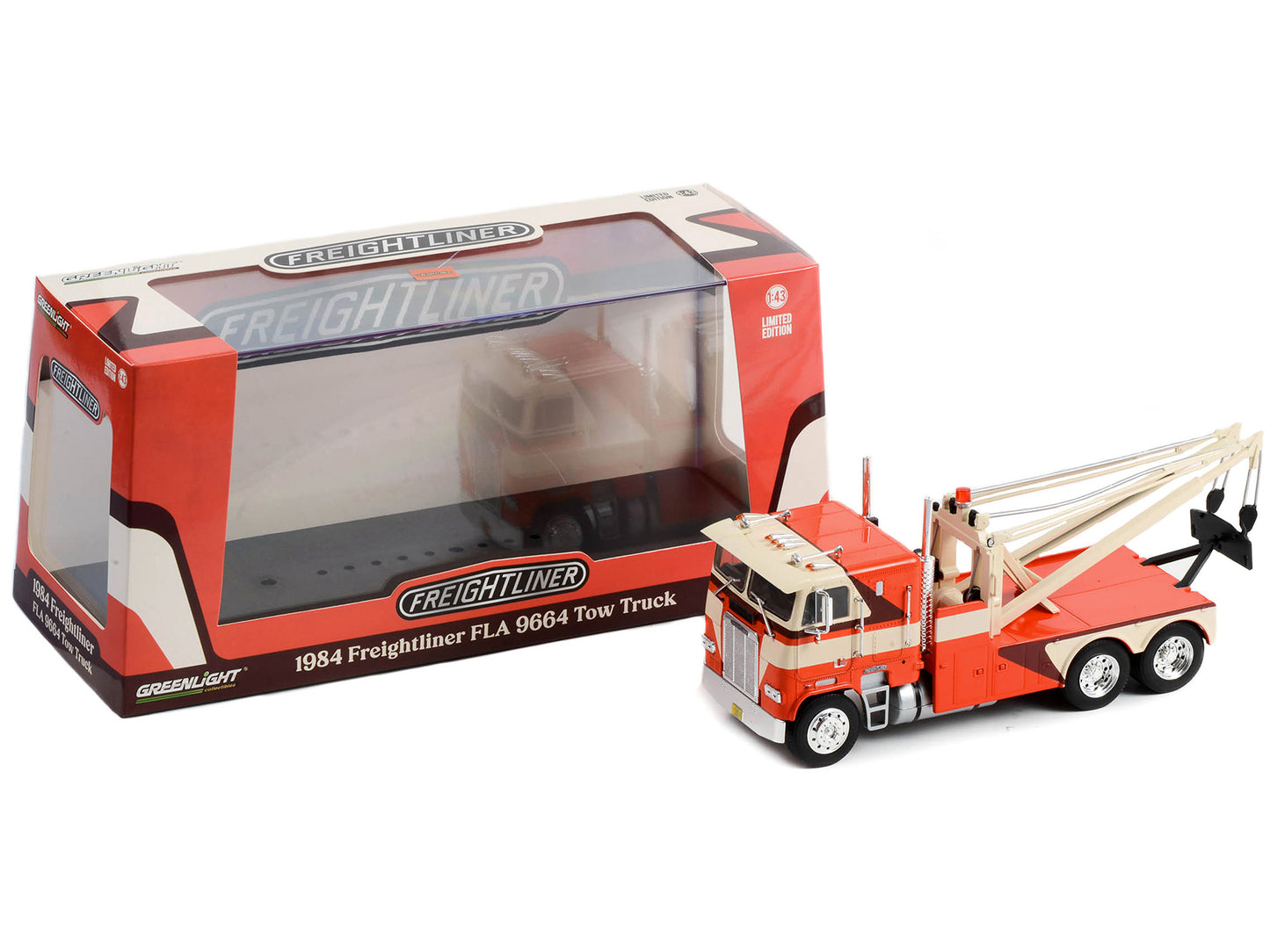Greenlight 1984 Freightliner FLA 9664 Tow Truck Orange and White with Brown Graphics 1/43 Diecast Model Car by Greenlight