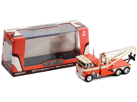 Greenlight 1984 Freightliner FLA 9664 Tow Truck Orange and White with Brown Graphics 1/43 Diecast Model Car by Greenlight