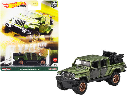 Hotwheels 2020 Jeep Gladiator Rubicon Pickup Truck with Two Motorcycles Green Metallic and Gray "Hyper Haulers" Series Diecast Model Car by Hot Wheels