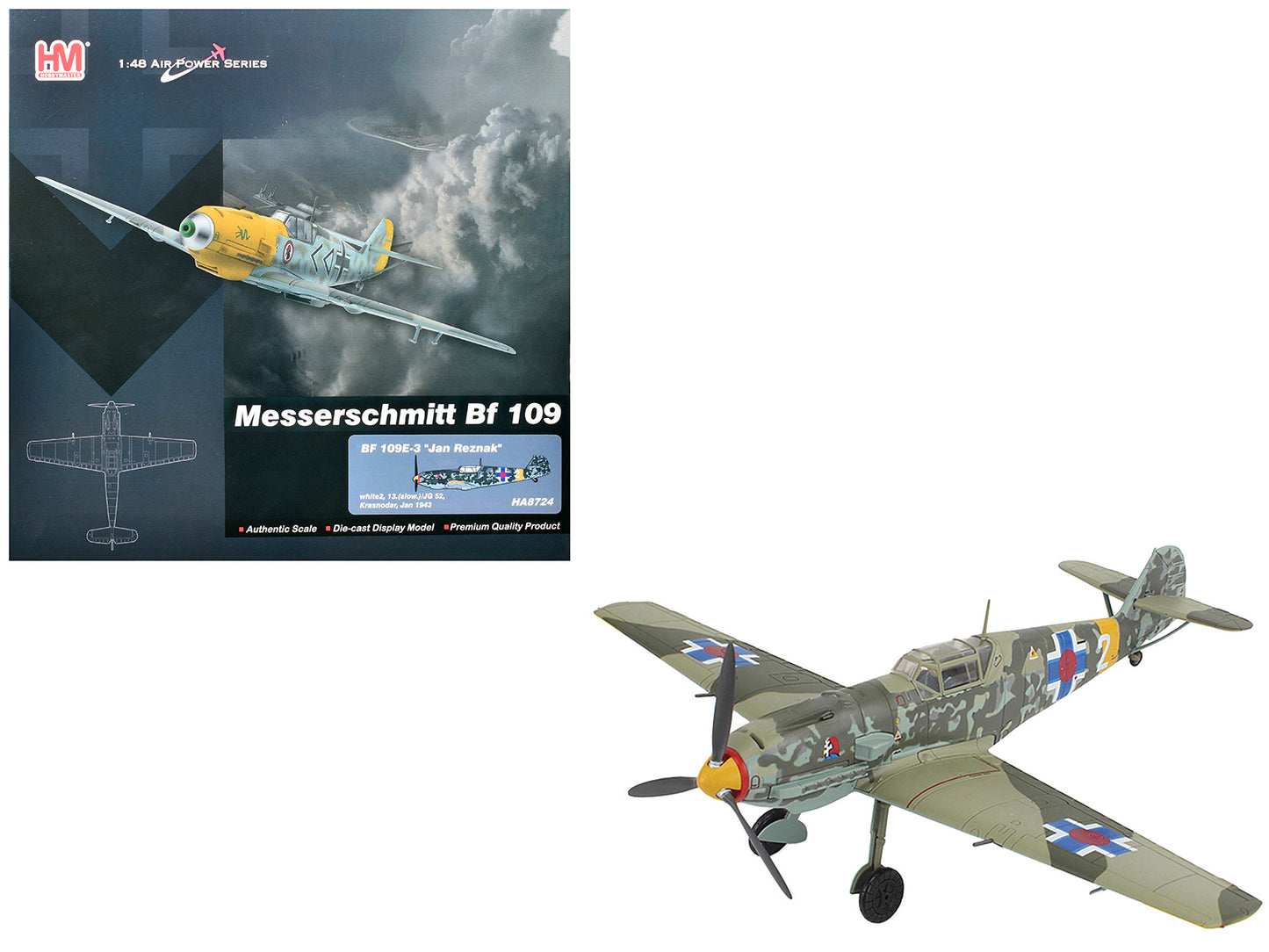 Messerschmitt Bf 109E-3 Fighter Aircraft "White 2 Jan Reznak 13.(slow)/JG 52 Kraznodar USSR" (1943) German Luftwaffe "Air Power Series" 1/48 Diecast Model by Hobby Master