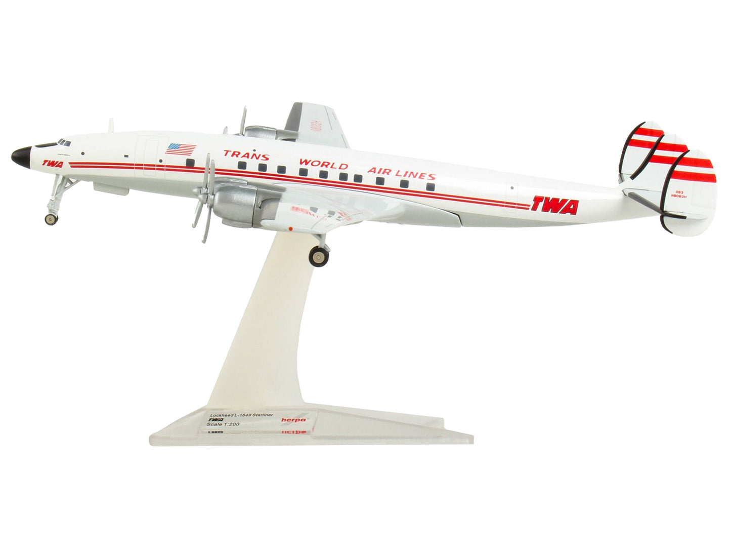 Herpa Lockheed L-1649A Jetstream Commercial Aircraft "TWA (Trans World Airlines)" (N8083H) White with Red Stripes 1/200 Diecast Model Airplane by Herpa